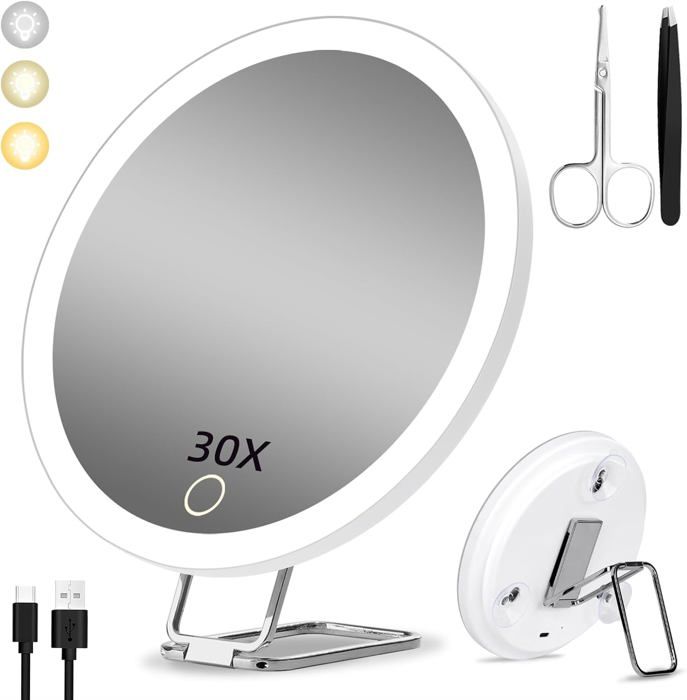 Miroir grossissant avec lumière 30X 15cm 3 Modes de Couleur Dimming avec 3 Ventouses et Support de Table 360° Blanc