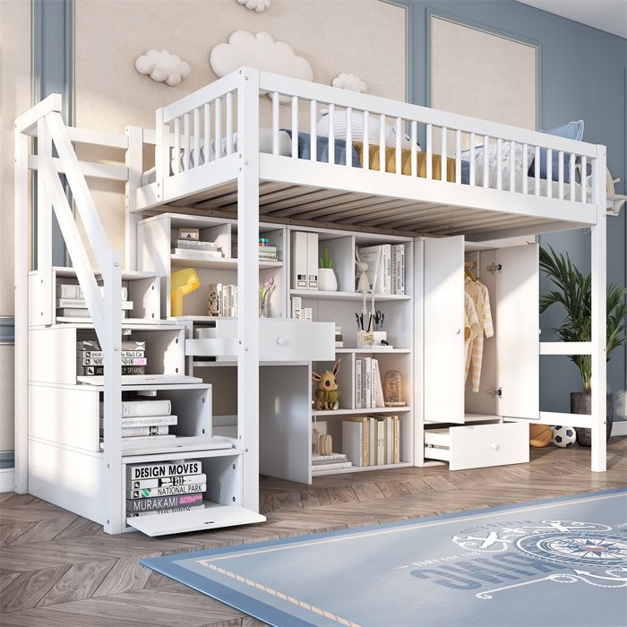 DRIPEX Lit superposé 90×200cm multifonctionnel Lit denfant avec bureau escalier casiers armoire de rangement Blanc