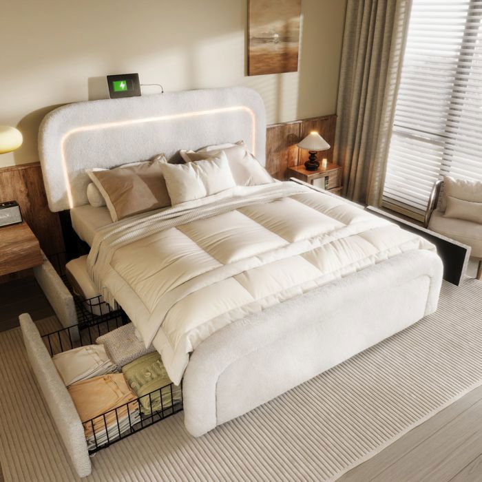 Cadre de lit avec éclairage LED USB type C et 4 tiroirs lit double rembourré 140x200cm tête de lit réglable en hauteur base à l