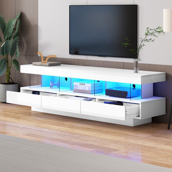 Meuble TV blanc brillant 160*38*50.5 cm avec 3 compartiments en verre meuble tv blanc avec éclairage LED meuble salon moderne