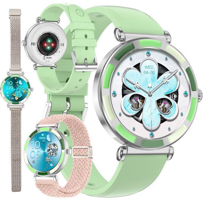 Montre Connectée Femme Sport XTRADITECH Alliage Diamanté Strass Multicolore Vert Beige Rond 127 Dos Effet Céramique 3Bracelets