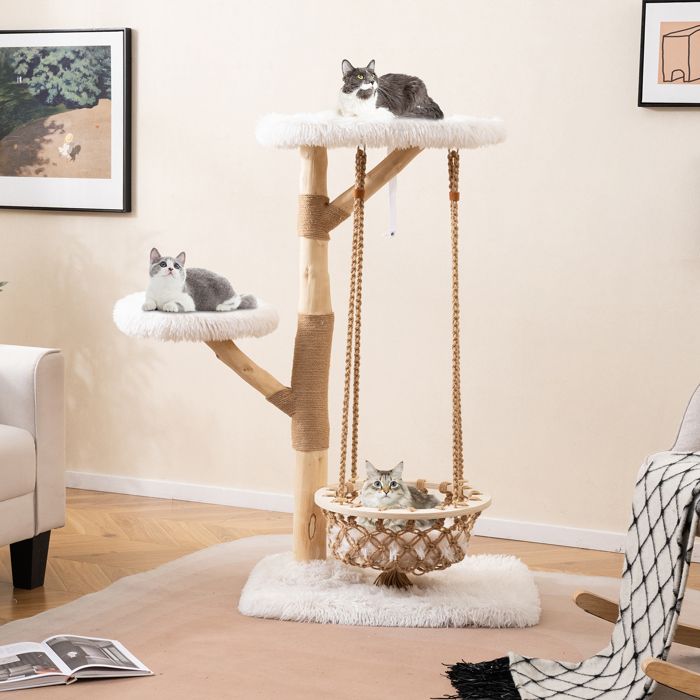 Meilleurs prix pour Arbre À Chat Multi-Niveaux 123cm En Bois Poirier Costway, Avec Balançoire Hamac, Poteaux À Gratter En Jute, 2 Perchoirs, Plateforme