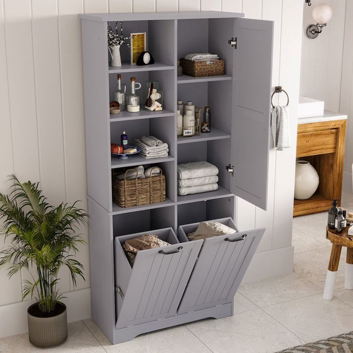 Meuble colonne de salle de bain Armoire salle de bain 78x35x172cm double panier 4 compartiments Gris Meuble colonne de salle de bain Armoire salle de bain 78x35x172cm double panier 4 compartiments Gris