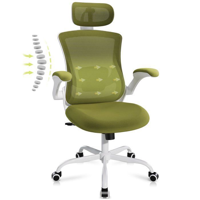 Chaise de bureau ergonomique – Dossier haut en mesh soutien lombaire et appuie-tête réglables - Vert