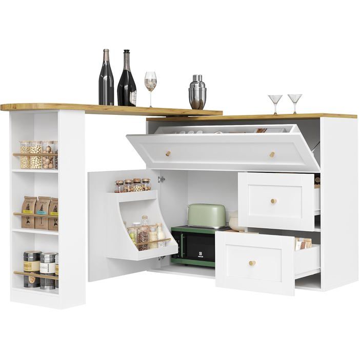 Table De Bar Extensible Avec Rangement - Blanc Avec Vitre Et Tiroir - Meuble Multifonction