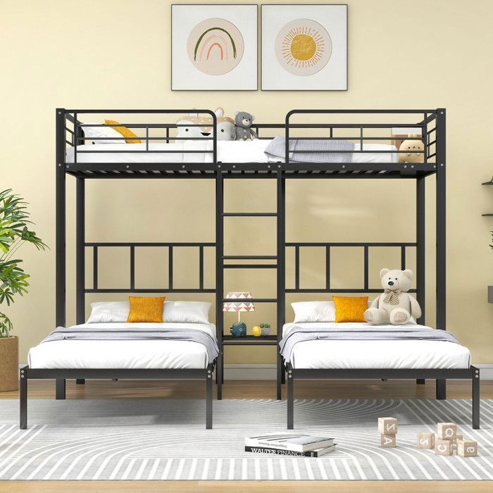 Triple lit superposé 90 x 200cm avec échelle lit en fer avec échelle grille de protection anti-chute et table noir(sans matelas) Triple lit superposé 90 x 200cm avec échelle lit en fer avec échelle grille de protection anti-chute et table noir(sans matelas)