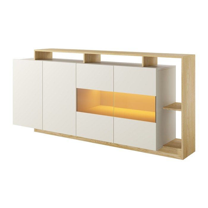 Buffet 4 portes et 4 niches avec LEDs - Beige et Naturel clair - IDESIA