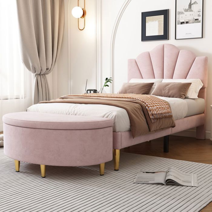 Lit capitonné - SOGEU - 90x200 Coquille réglable - Velours rose - Sommier à lattes - Banc de rangement
