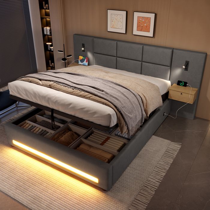 Lit capitonné en velours 180 x 200 cm lit rembourré avec rangement hydraulique lit double avec veilleuse LED ports USB-C gris Lit capitonné en velours 180 x 200 cm lit rembourré avec rangement hydraulique lit double avec veilleuse LED ports USB-C gris