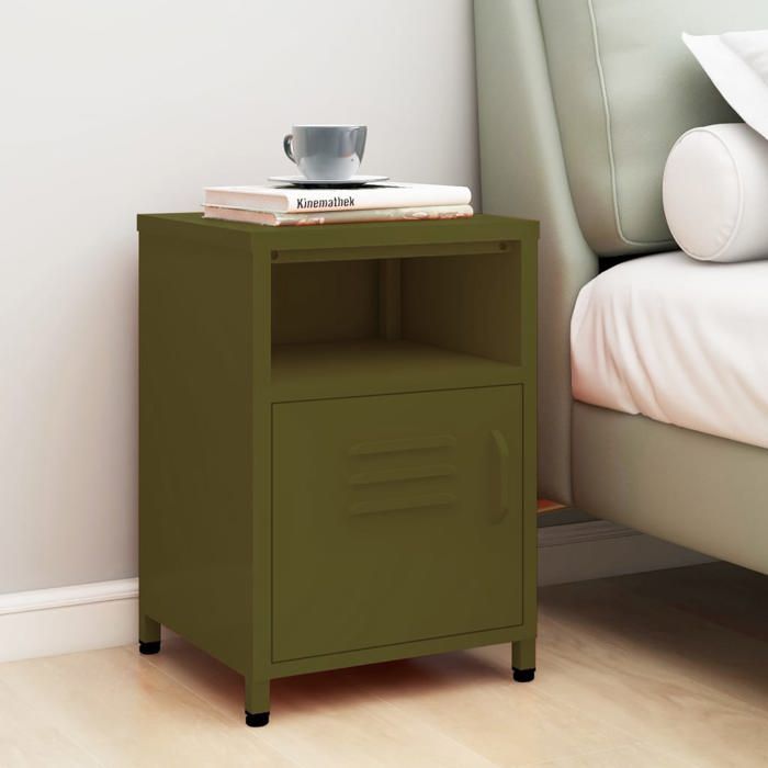 Table de chevet en acier - VIDAXL - Vert olive - 35x35x51 cm - 1 étagère ouverte - 1 porte - Capacité de charge 40 kg