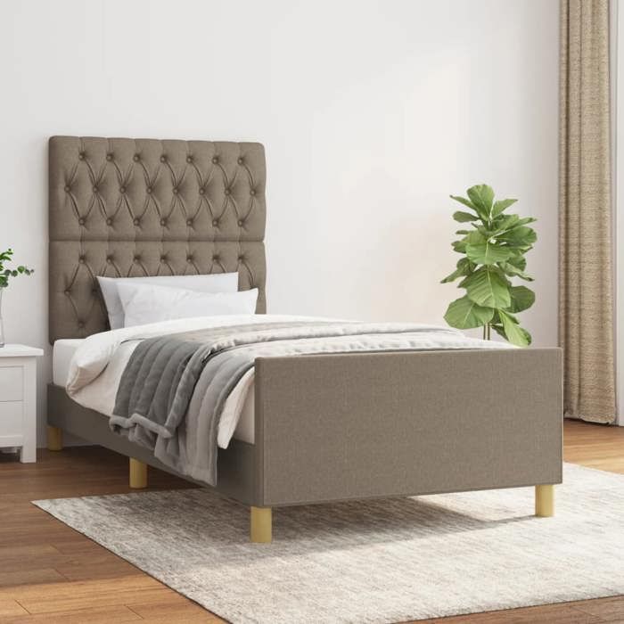 Cadre de lit avec tête de lit - UU - 100x200 cm - Taupe - Tissu polyester - Bois de mélèze massif - Hauteur réglable