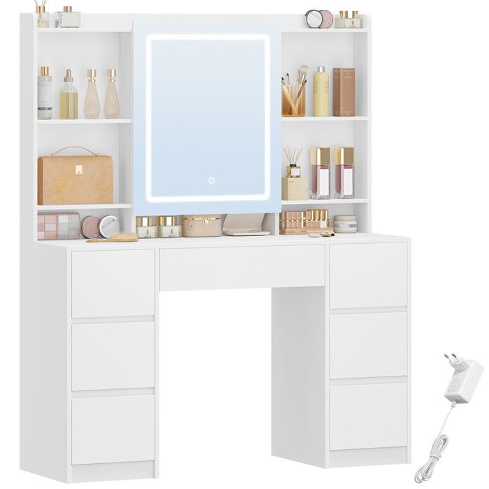Grande Coiffeuse avec Miroir et éclairage LED Réglable 7 Tiroirs et Rangement pour Bijoux. pour Le Dressing et La Chambre Blanc