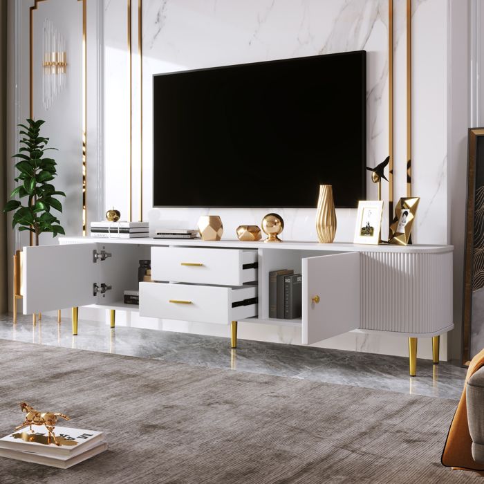 Meuble TV avec tiroirs coins incurvés meuble TV de salon avec côtés ondulés poignées et pieds dorés