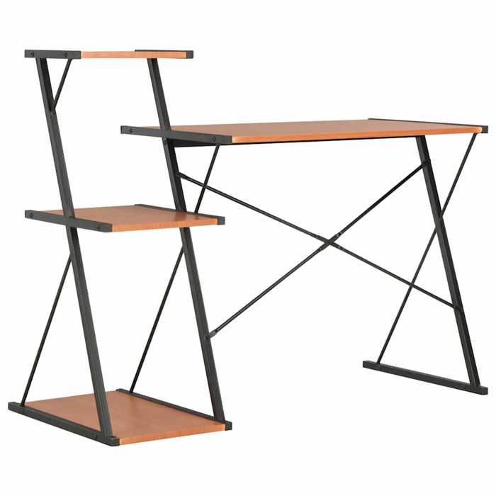 Bureau avec étagère - MEUBLECHIC - 116x50x93 cm - Noir et marron - Avec étagère - Pieds en forme de X - Robuste - Stable