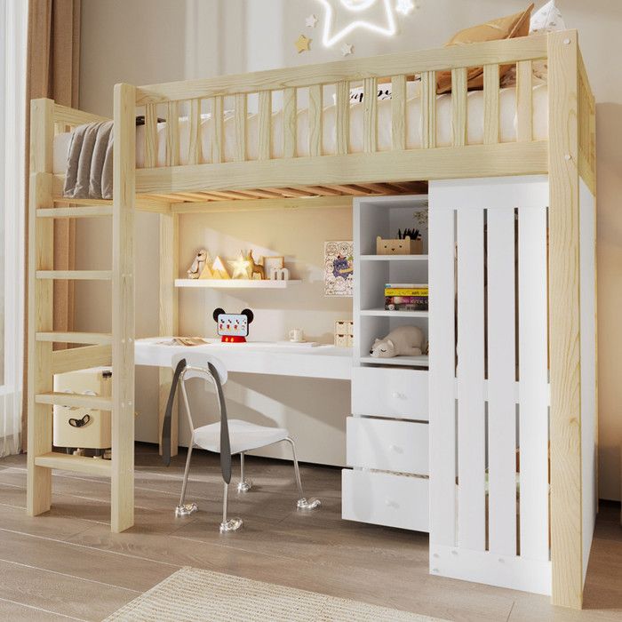 Lit mezzanine 90x200cm bureau armoire + 3 tiroirs espace de rangement ouvert balustrade escalier sans matelas nature