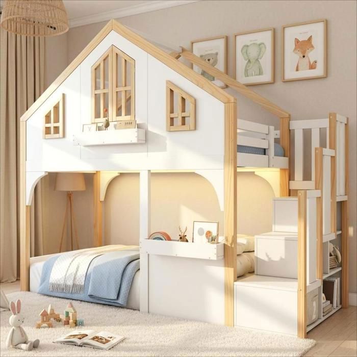 Lit mezzanine enfant - MERAX - Lit en forme de maison 90x200 - LED intégré - Tiroirs de rangement - Pin massif