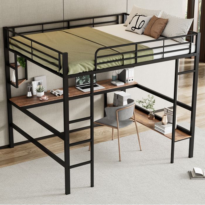 HOMVRA Lit mezzanine 140x200 cm avec bureau et étagères en métal MDF noir (sans matelas)