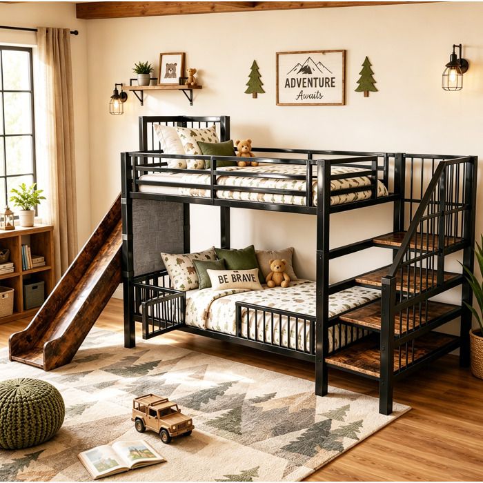 Lit mezzanine enfant métal avec toboggan et escalier rangement 90 x 200 cm Maisentiel