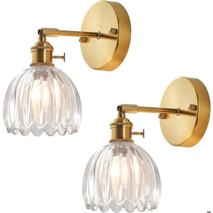 Lot de 2 Appliques Murales en Laiton Vintage TOKIUS Abat-jour en Verre Lampe avec Interrupteur pour Chambre Salon Couloir