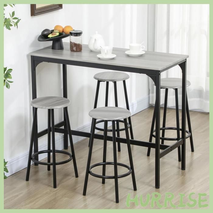 Cocosity Ensemble Table Haute + 4 Tabourets Avec Repose-Pieds Métal Noir Et Aspect Bois Pour Cuisine Salle À Manger
