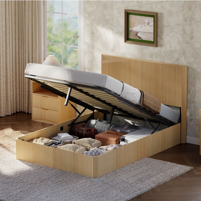Lit coffre 140x200 cm adulte avec vérins hydrauliques grand rangement structure stable bois et métal chêne clair
