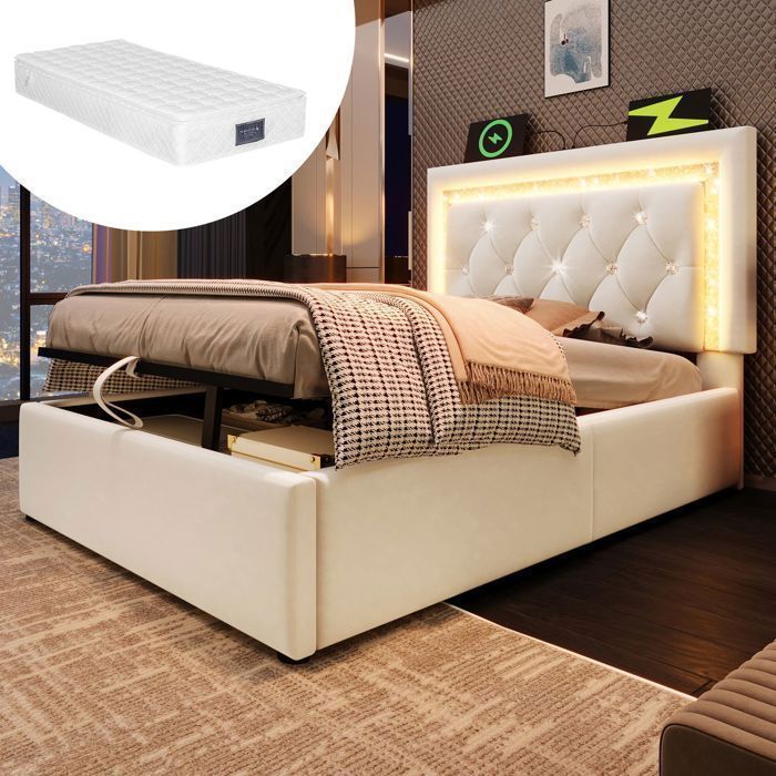 Lit Coffre - SOGEU - 90x200 - Velours beige capitonné - Tête LED effet diamant - Coffre hydraulique matelas inclus