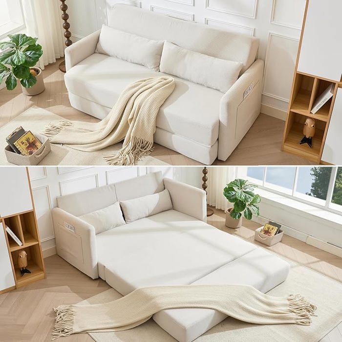 Canapé-lit futon 2 places pliant matelas et accoudoirs poche latérale sans montage léger et compact pour van ou CANAPE
