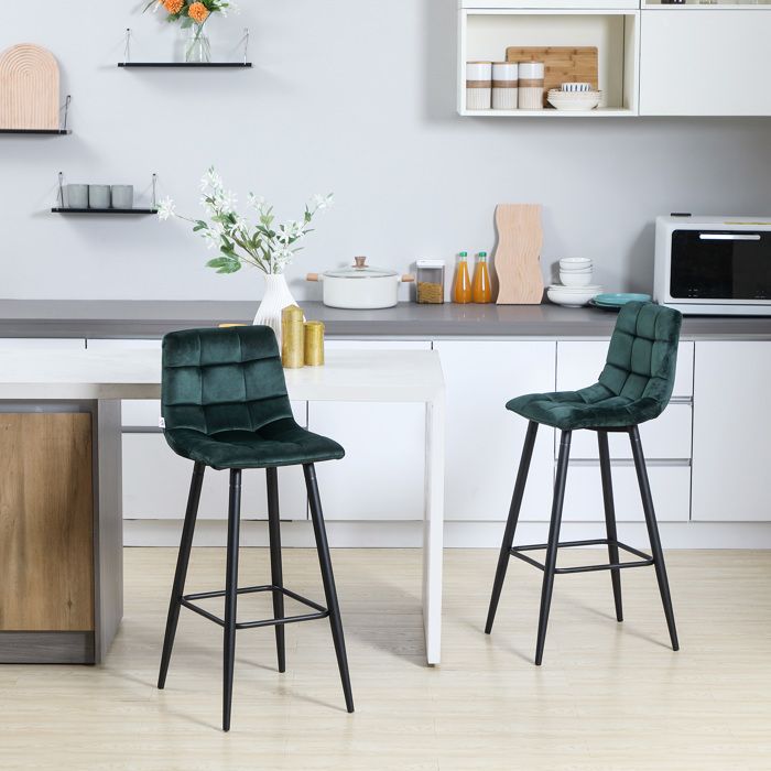 MOTHINESSTO1246-Lot de 2 tabourets de bar design surface en velours capitonné et pieds en acier hauteur 77 cm vert foncé