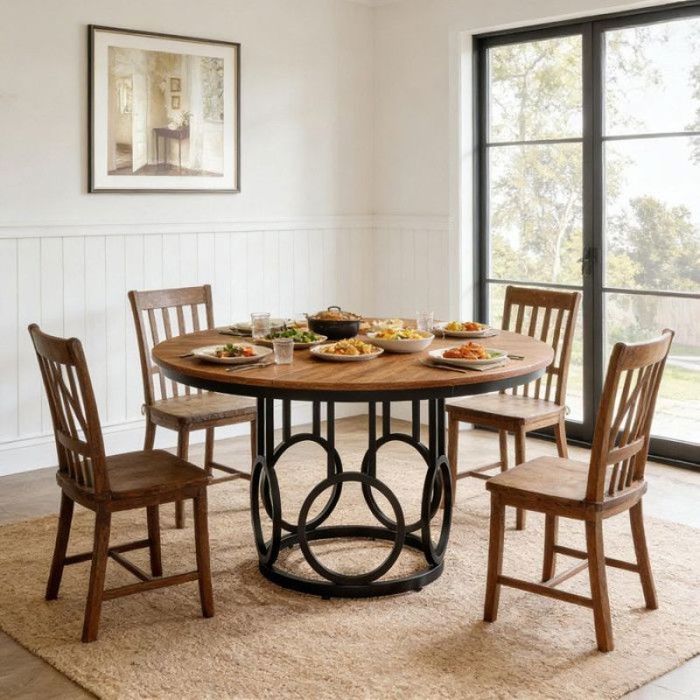 Table à manger ronde 120cm design classique moderne plateau noyer cadre métal noir pour 4-6 personnes sall TABLE A MANGER SEULE