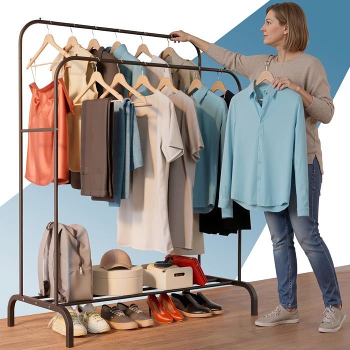 Portant A Vetement En Acier – Jusqu’À 35 Kg – Penderie Avec Double Barre Et Étagère Porte-Chaussures – Pieds Antidérapants