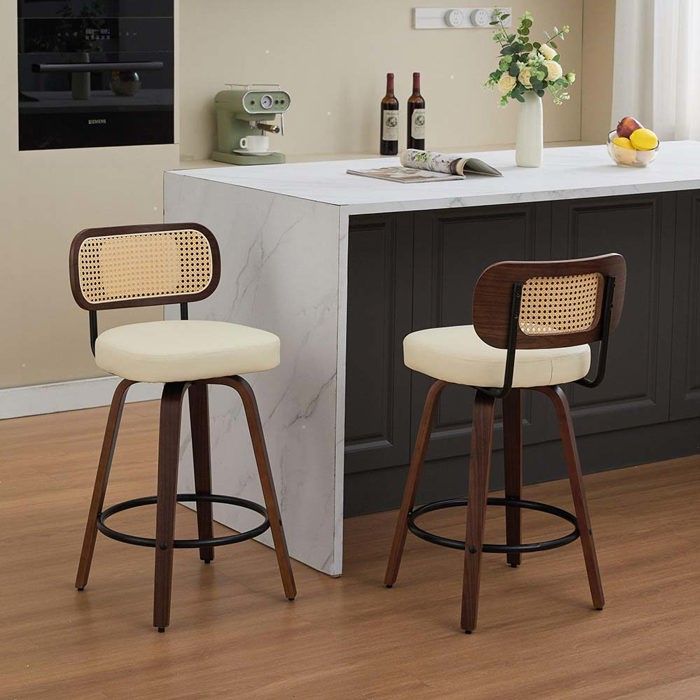 Tabouret de bar - VITHOTECH - Lot de 2 - Dossier en rotin - Assise rembourrée - Pieds bois noyer