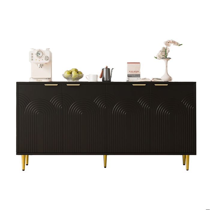 Bahut de rangement 4 portes noir poignées dorées brossées pieds laqués 160x80x40 cm