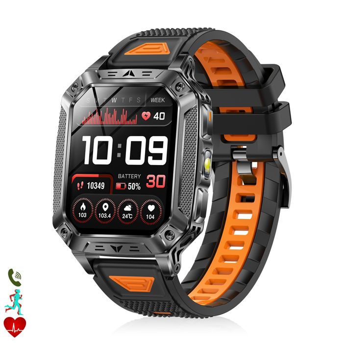 DAM Smartwatch QS86. Avec appels BT batterie longue durée modes de santé et de sport. Lumière rouge avec alerte SOS sonore. Noir