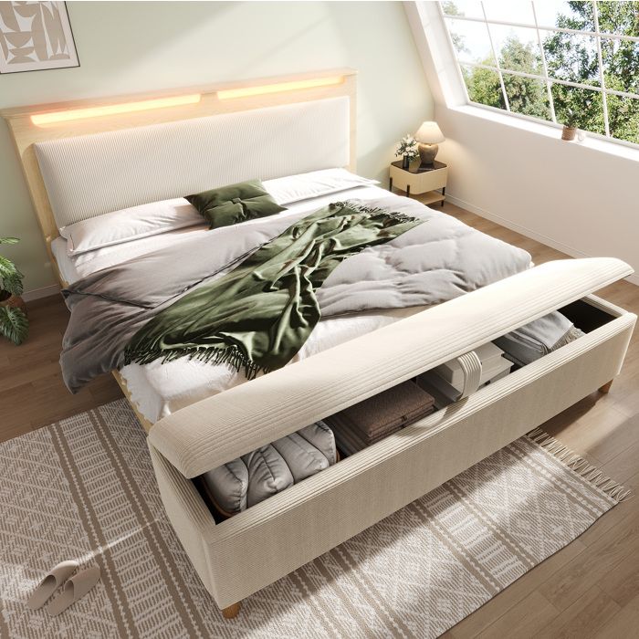 Lit double 180x200 cm en bois clair avec tête de lit LED rangement et banc de lit en corduroy beige sans matelas