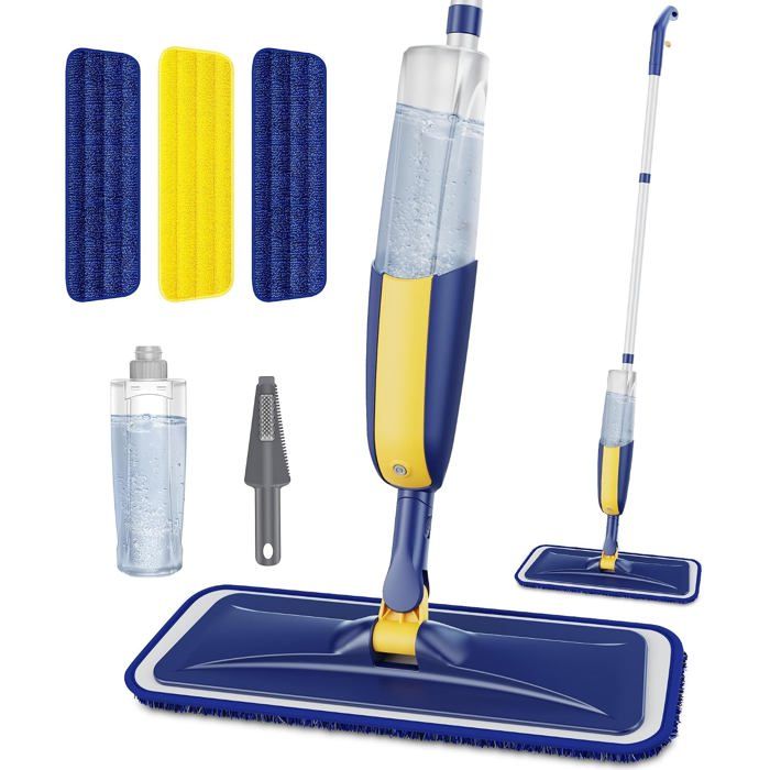 Balai serpillière spray avec réservoir deau 410 ml - tête pivotante en aluminium - lot de 3 serpillières microfibre incluses