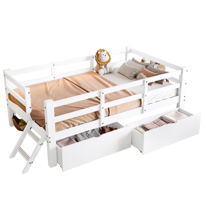 ELVORIN Lit plateforme 90 x 200 cm blanc avec garde-corps semi-fermé et 2 tiroirs structure en bois de pin et MDF pour enfant