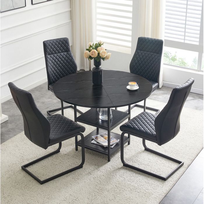WUVRIE Ensemble repas 4 places avec table ronde 107 cm 4 chaises noires double rangement MDF et métal