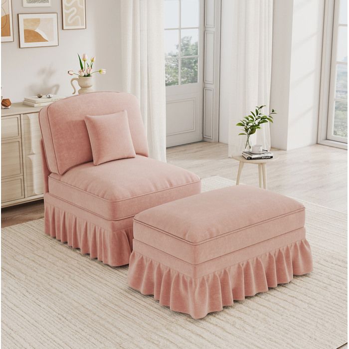 Fauteuil avec pouf 1 place jupe volantée amovible coussin mobile - BEAUNIV - dossier segmenté chenille rose