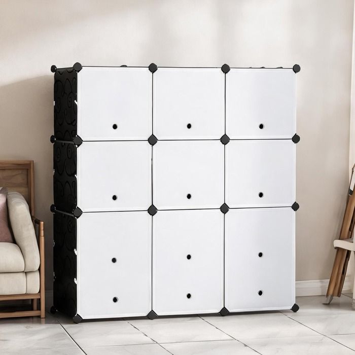 Meuble à chaussures 12 cubes modulable plastique noir et blanc 125x32x125 cm capacité 48 paires