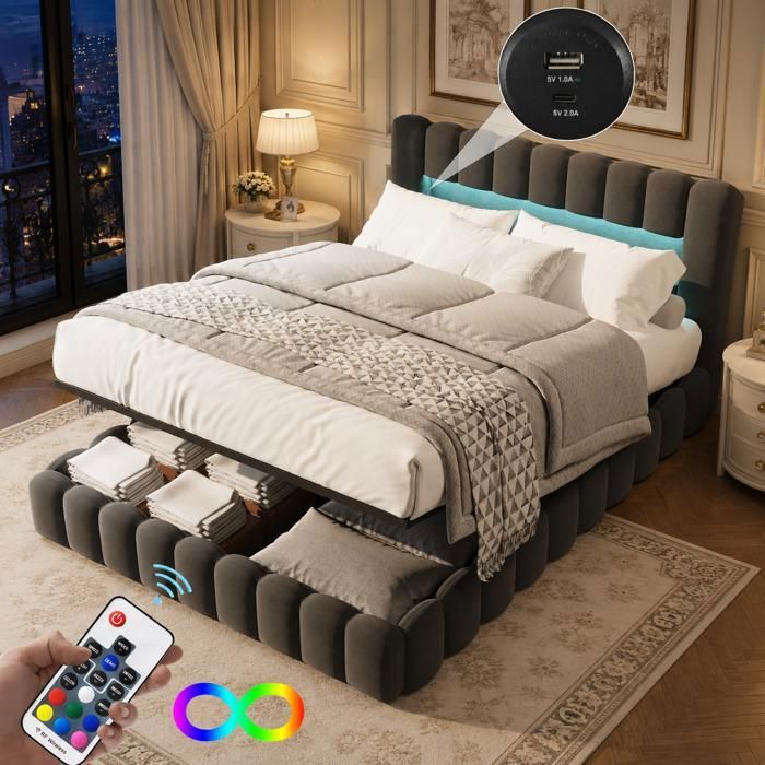 Lit Coffre 180x200 en Lin avec Rangement - Lit Bubble avec LED et USB Tpye C - Tête de lit rembourré avec Étagère - Sommier inclus