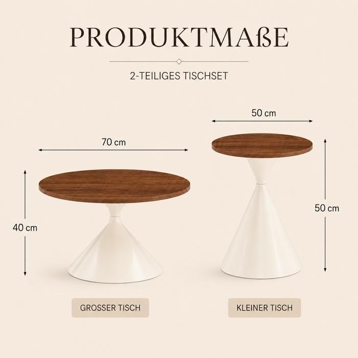 Ensemble de 2 tables rondes (table basse Ø70 x H40 cm + table dappoint Ø50 x H50 cm) –Finition noyer piètement en acier au carbone