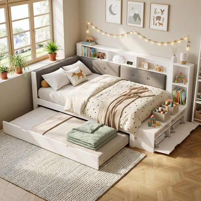 Canapé Lit 120x200 cm avec Lit Gigogne 90x190 cm avec Tête de Lit Rembourrée Banquette Lit avec Rangement Étagères Latérales Blanc