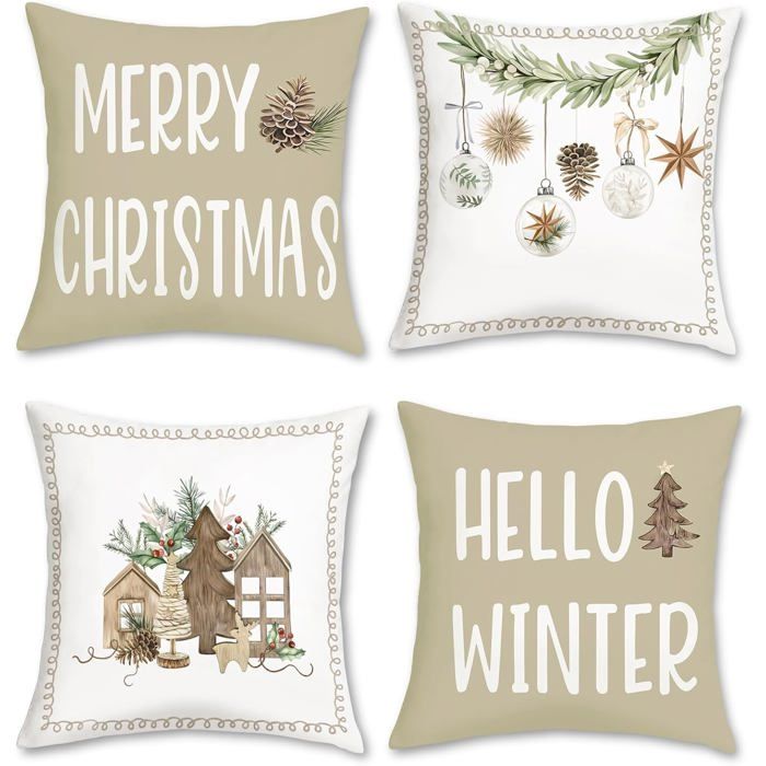 Housse de Coussin Noël Hiver 45 x 45 cm Sapins de Noël Feuilles de Pin Décoratif Taie doreiller pour Canapé Salon Chambre Chaise