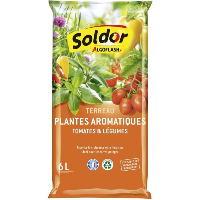 ALGOFLASH - Terreau Plantes Aromatiques, Tomates et Légumes en pot 6 L