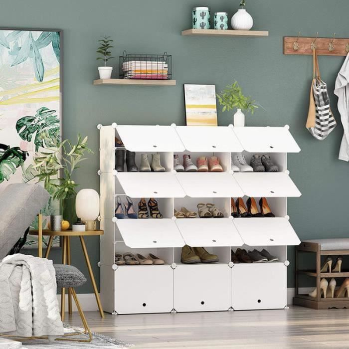 étagère à chaussures en plastique à 7 niveaux, 42 paires, 12 cube, meuble de rangement extensible ,120 x 30 x 120 cm,blanc