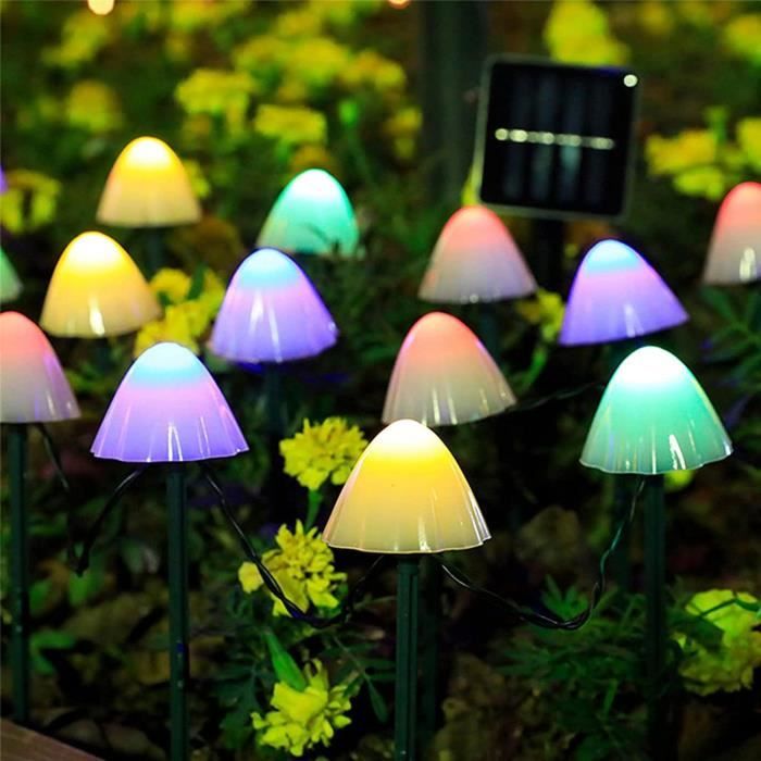 lampes solaires de jardin 5m 20 led champignon - décorations extérieures étanches - multicolore