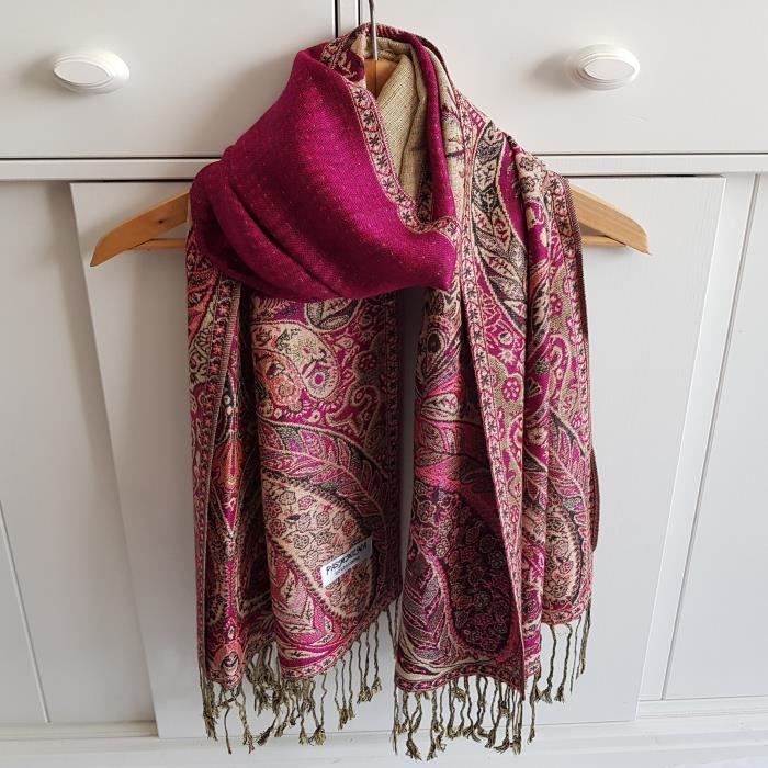 Grand Châle Cachemire 100% - Rouge Brique Et Beige - Neuf Avec Étiquettes