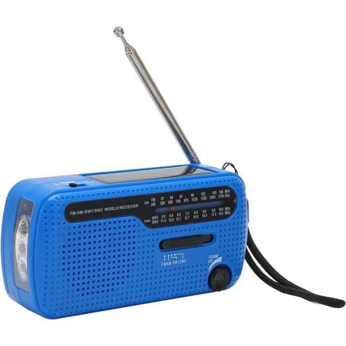 Radio Solaire Manivelle AM/FM/SW1/SW2 – Lampe LED, Sirène, Chargeur Téléphone 5V – Idéale Camping, Urgences, Coupures Électricité (Bleu)