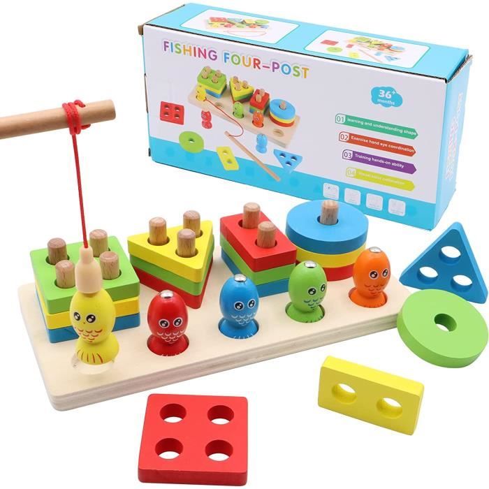 Jeux Montessori pour Les Bebes de 1 2 Ans, VEGCOO Jouet de Peche Magnetique en Bois, Jouets en Bois a Empiler de Formes et Co