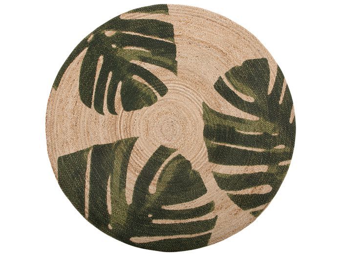 Tapis rond 140 cm à motif végétal beige et vert INCIK